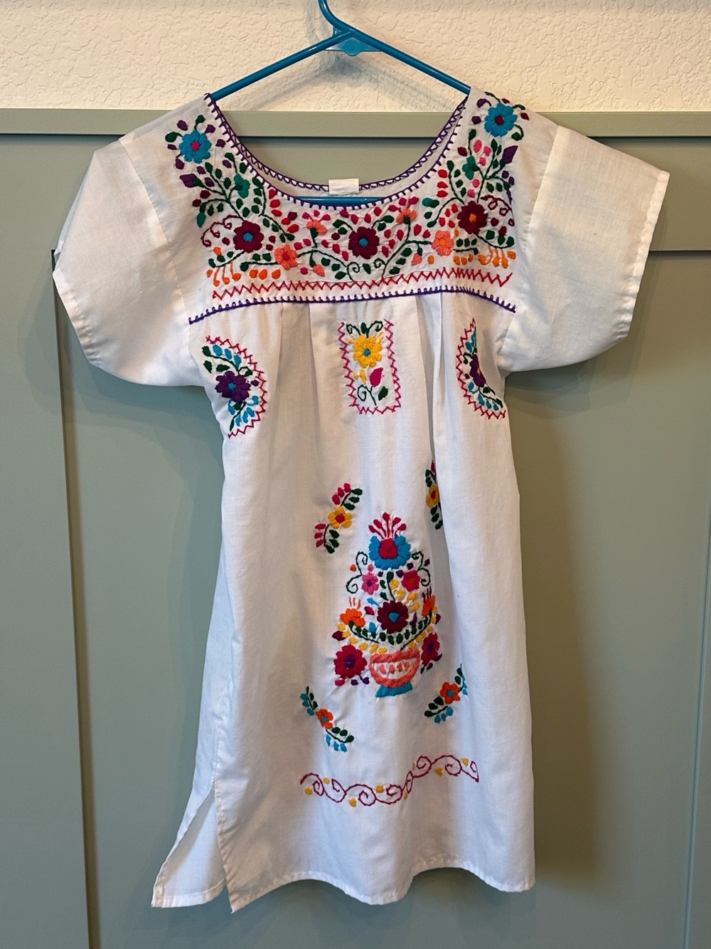 Mexican Embroidered Cotton Dress with Multicolor Floral Stitching
